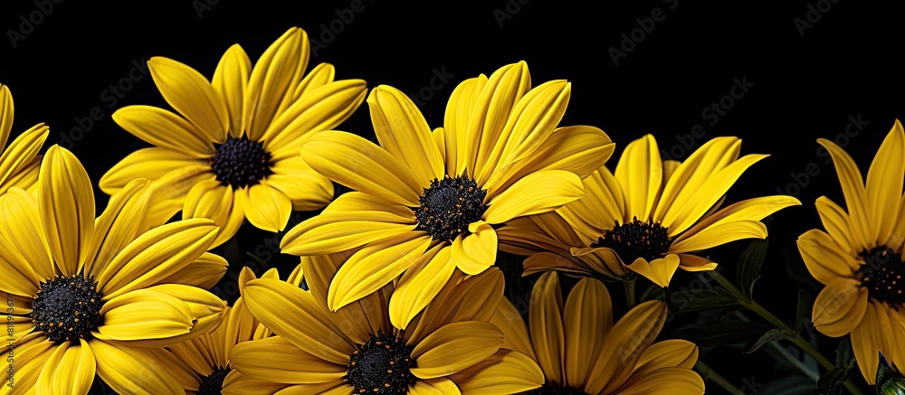 Aufkleber a greeting card displaying bright yellow daisies against a contrasting black background with ample c