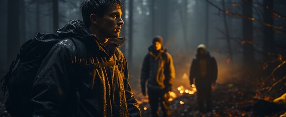 a man standing in the woods next to a fire
