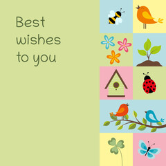 Best wishes to you - Schriftzug in englischer Sprache - Beste Grüße für dich. Quadratische Karte mit Frühlingssymbolen in Pastellfarben.