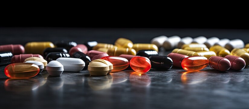 Bodybuilding supplements AAKG and Creatine capsules displayed on a dark stone background Ample copy space for text or images