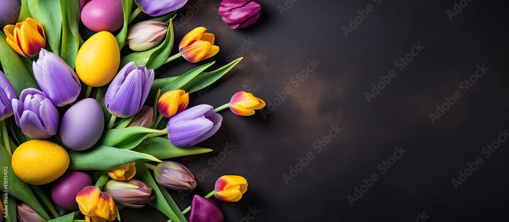 Poster top view of a beautiful easter background featuring a nest filled with eggs surrounded by purple and