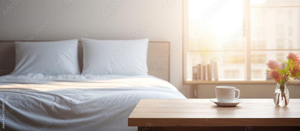 Poster a bedroom with a blurred background featuring a table on top providing ample copy space for images