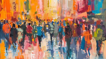 impressionistic cityscape painting vibrant crowds navigating bustling urban streets lively atmosphere