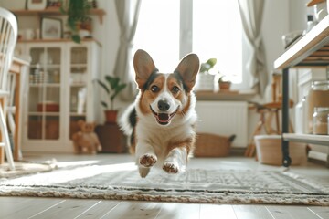 Fototapeta na wymiar Happy corgi dog mid-jump indoors, warm sunlight, cozy home vibe