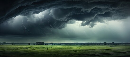 A gloomy summer day with dark clouds looming in the sky signaling the impending arrival of rain. Copyspace image