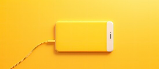 A smartphone connected to a power bank is being charged against a yellow background creating an empty area for text. Copyspace image