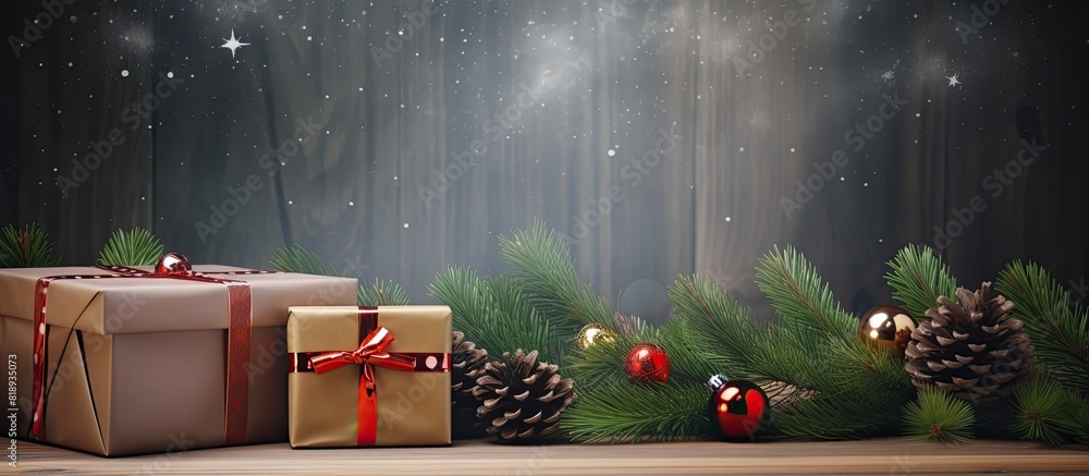 Poster a festive background with gift boxes a branch of fir tree and a wooden table suitable for christmas 