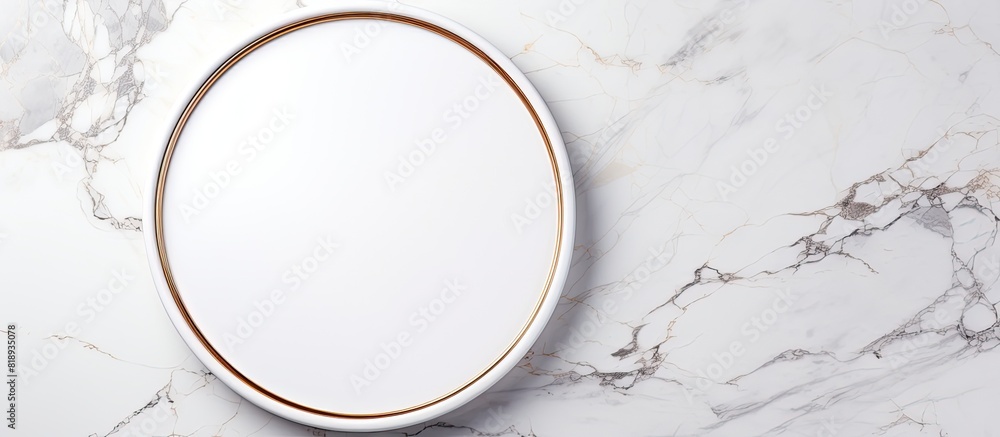 Aufkleber a trendy round frame with a sleek design is displayed on white marble providing an ideal copy space 