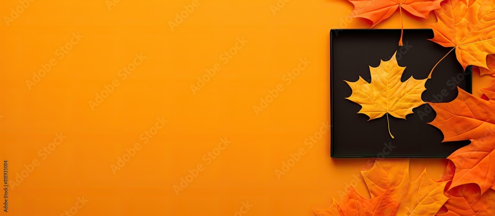 Poster a festive autumn themed square composition with a maple leaf and confetti on an orange background su