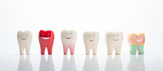 A copy space image showcasing dental model toys with realistic teeth set against a clean white backdrop