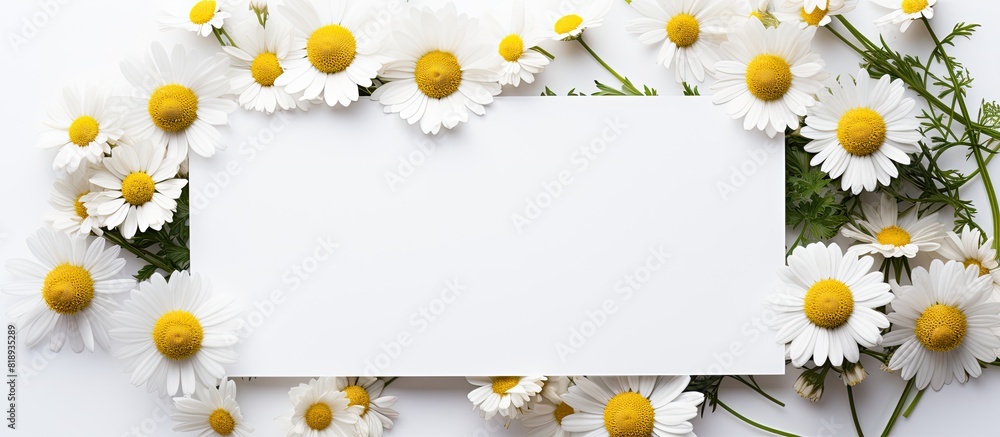 Poster top view of a white background with a copy space image featuring stunning chamomile flowers and an e