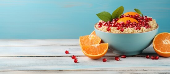 A blue bowl rests on a white wooden surface containing a delightful mix of oatmeal topped with fresh tangerine slices pomegranate seeds ground almonds and mint The background is perfect for adding an