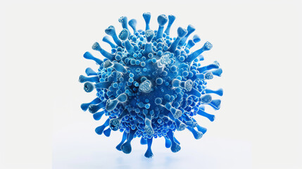 a highly detailed 3D render of a blue virus particle against a plain white background, showcasing the intricate structure and spikes characteristic of viruses