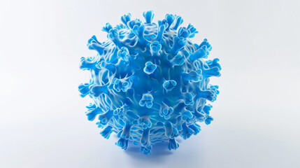 a highly detailed 3D render of a blue virus particle against a plain white background, showcasing the intricate structure and spikes characteristic of viruses
