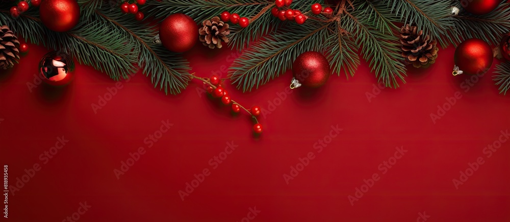 Poster top view of a festive christmas composition featuring red decorations and fir tree branches on a vib