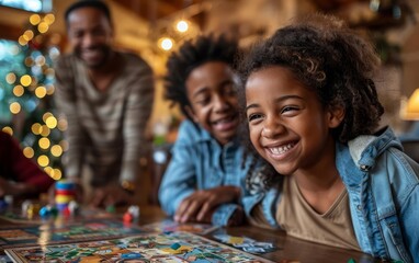 Fototapeta premium A family game night at home, with a board game spread on the table and everyone laughing and enjoying snacks