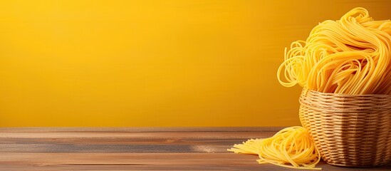 A wicker basket on a wooden background holds strands of vibrant uncooked yellow spaghetti The image features a copy space for text