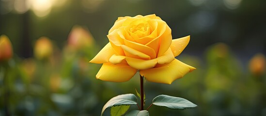 Copy space image of a yellow rose blooming in the serene garden