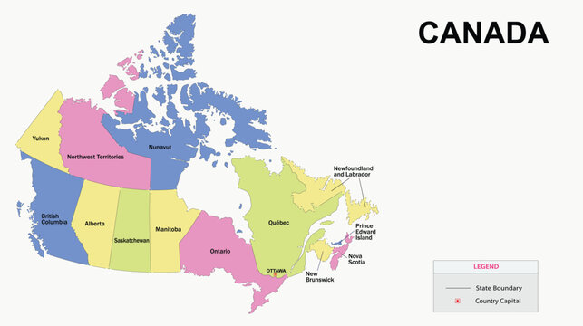 Canada Map. State and district map of Canada. Detailed colourful map of Canada.