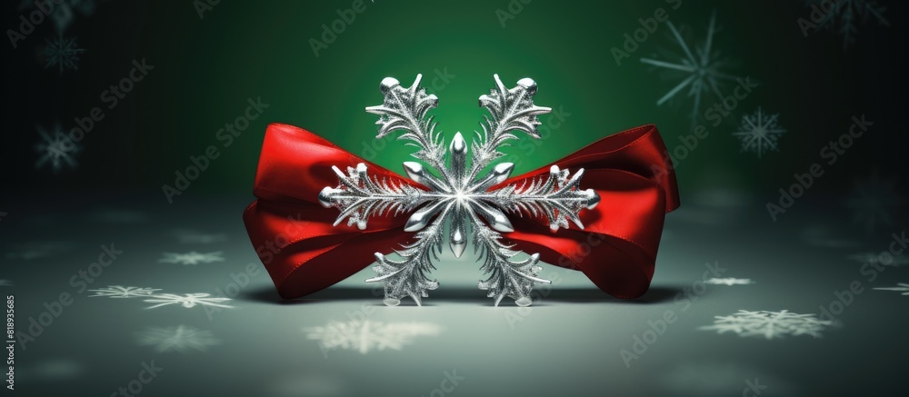 Aufkleber a silver snowflake with a red bow rests on a green background creating a festive christmas or new ye