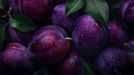 Close-up of fresh plums captured with their intense purple hues and shiny texture. Summer fruit...
