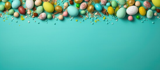 A festive Easter frame showcasing chocolate eggs and sweets placed on a vibrant background of turquoise green and blue The image features the Spanish text Feliz Pascua meaning Happy Easter A top view