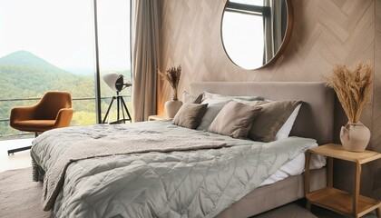Stylish Room Interior with a Large Bed and Elegant Mirror"