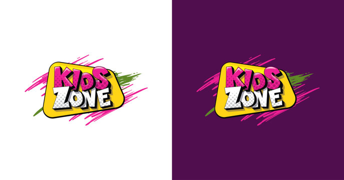 Kids zone cartoon logo comic style. Colorful bubble letters for children's playroom decoration zone . logo kids play vector illustration Place fun and play