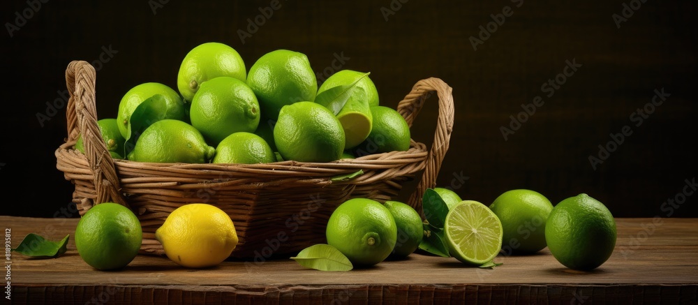 Poster a wicker basket filled with fresh ripe limes sits on a wooden table providing a perfect spot for add