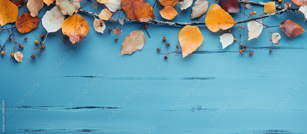 Poster a collection of autumn leaves from a birch tree artfully arranged on a blue wooden table creating a 