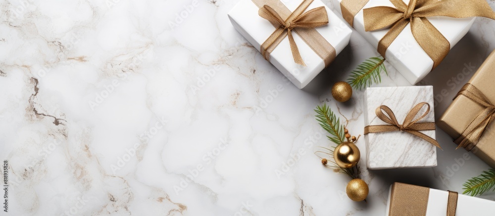 Poster a top down view of eco friendly christmas gift boxes made of decorated craft paper placed on a white