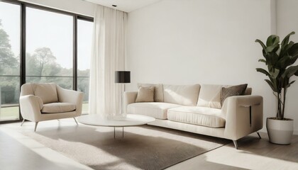 Modern Minimalist Living Room: Clean and Contemporary Design with Beige-White Sofa in Daylight