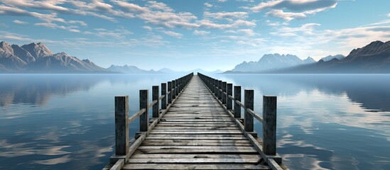 A copy space image showing a square frame beam bridge crossing over a scenic blue lake with its deck being supported by abutments or piers