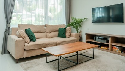 Natural Wood Coffee Table in a Minimalist Living Room: Beige Sofa and TV Unit Against a Window"