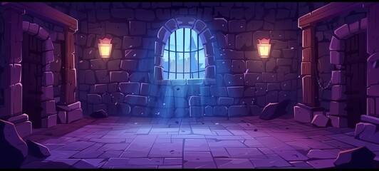 Medieval castle dungeon cell. Vibrant digital illustration showing a stone wall with a large window, lit by torches, suggesting an escape or adventure game setting.