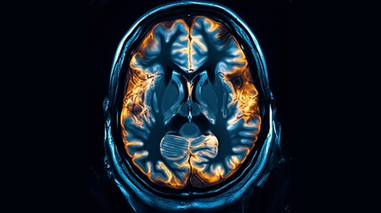 Medical imagery showcasing a detailed MRI scan of the human brain with highlighted regions in vibrant orange against a stark black background. Educational, medical, or scientific presentations.