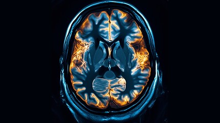 Medical imagery showcasing a detailed MRI scan of the human brain with highlighted regions in vibrant orange against a stark black background. Educational, medical, or scientific presentations.