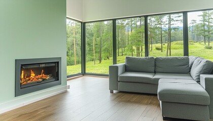 Grey Corner Sofa by the Fireplace with Panoramic Forest View: A Mid-Century Minimalist Living Room"