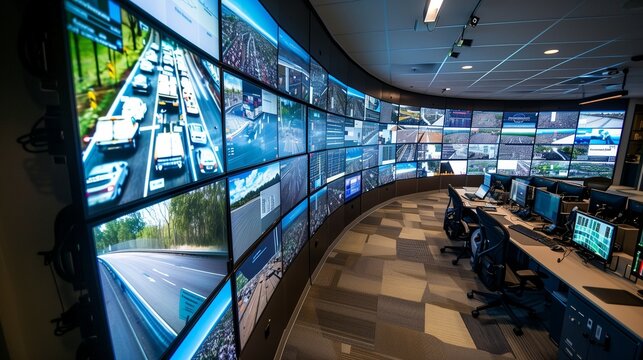 Modern traffic control center. Multiple screens displaying live traffic feeds from various locations, installed on a curved video wall in a high-tech surveillance room with workstations.