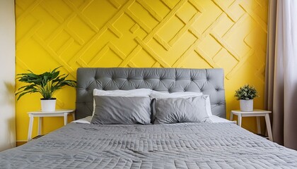 Sleek Grey Bed Against a Vibrant Yellow Wall: Modern Minimalist Scandinavian Bedroom Design"