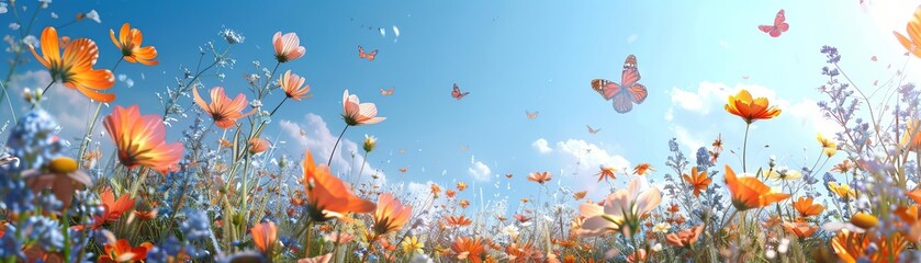 Obraz premium A field of wildflowers under a bright blue sky, with butterflies fluttering from bloom to bloom