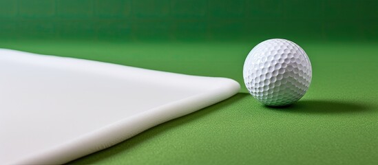 The mini golf white ball is positioned on a vibrant green cloth standing against a clean white background providing ample copy space image