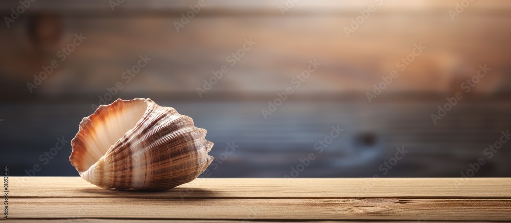 Poster a seashell rests on a wooden table with a textured surface leaving space for copy in the image
