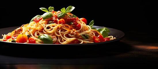 A copy space image of well seasoned spaghetti pasta topped with vegetables presented on a sleek black platter awaits to be enjoyed