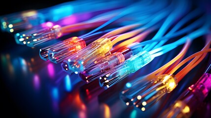 Closeup of colorful fiber optic cables on a dark background, with blurred light effects. Generative AI.