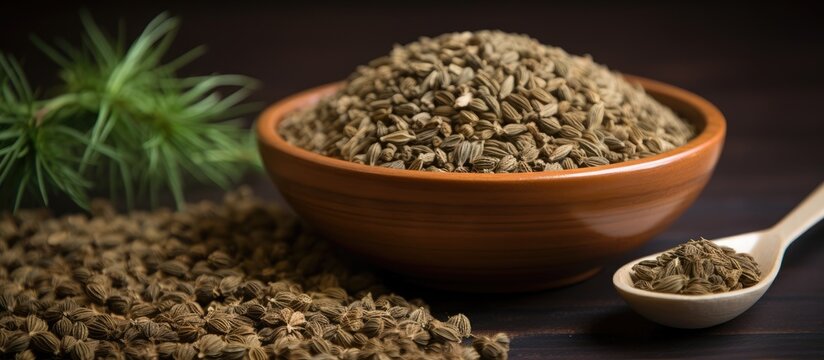 Ajwain also referred to as Ajowan Caraway or Trachyspermum Ammi placed in a bowl with a copy space image