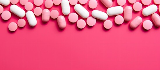 Copy space image of pills arranged on a vibrant pink background - Powered by Adobe