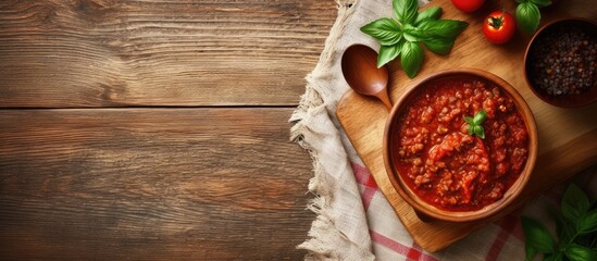 A wooden cutting board with a bowl of fresh bolognese sauce placed on a linen tablecloth The image is captured from a top down perspective leaving copy space available