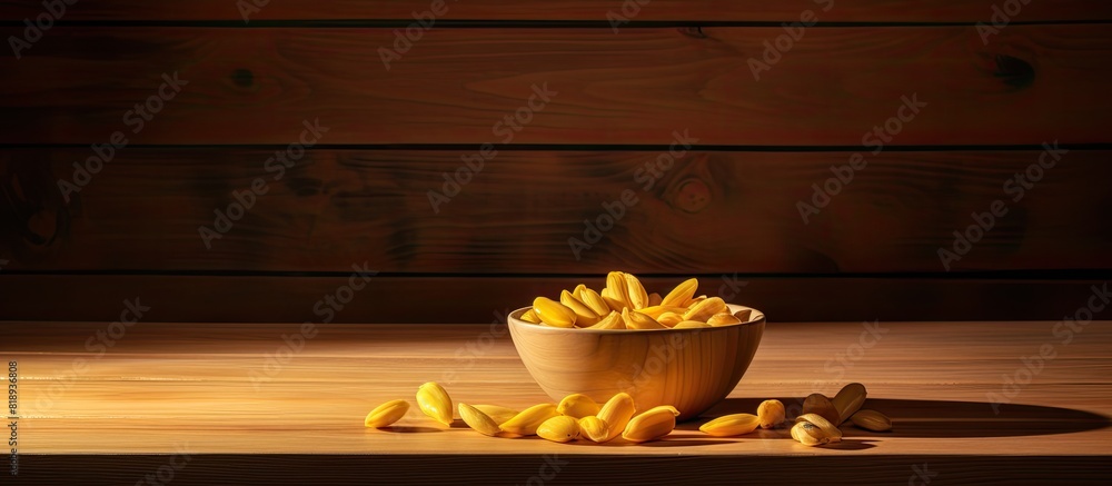 Poster wooden table with a bowl of jackfruit seeds allowing for text to be added in the open area. copyspac