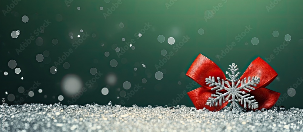 Poster a silver snowflake with a red bow rests on a green background creating a festive christmas or new ye